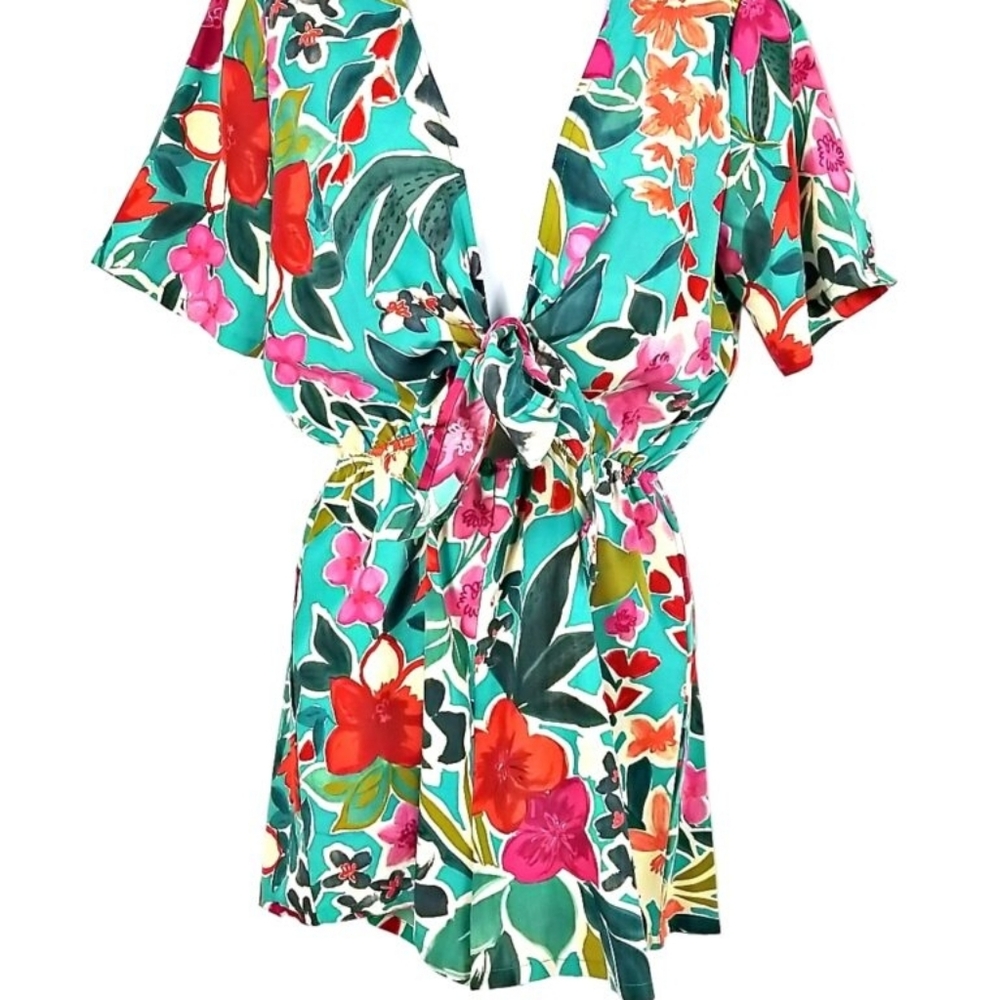 Tropical Floral V-Neck Tie-Waist Romper - Size S (4) Shein